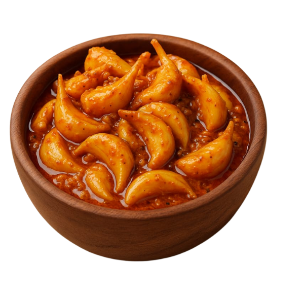 Indian Garlic Pickle in Red Wooden Bowl with White Background