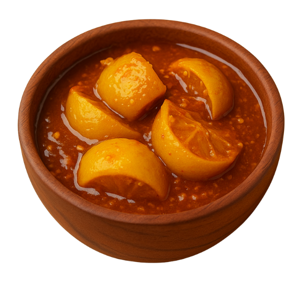 Spicy Lemon Pickle in A Brown Bowl with White Background