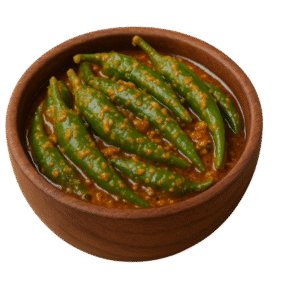 Spicy Green Chili Pickle in A Brown Wooden Bowl with White Background