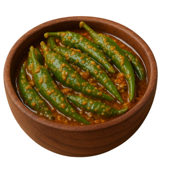 Spicy Green Chili Pickle in A Brown Wooden Bowl with White Background