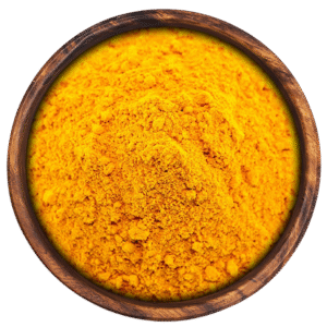 This Image of Turmeric Powder in A Brown Wooden Bowl with White Background