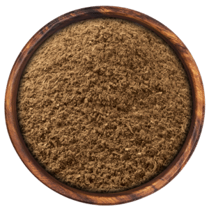 Garam Masala Powder in A Brown Wooden Bowl with White Background