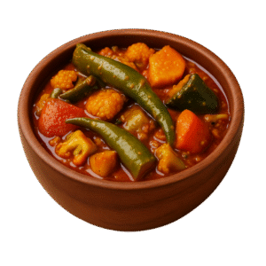 Mixed Vegetable Pickle in A Red Wooden Bowl with White Background