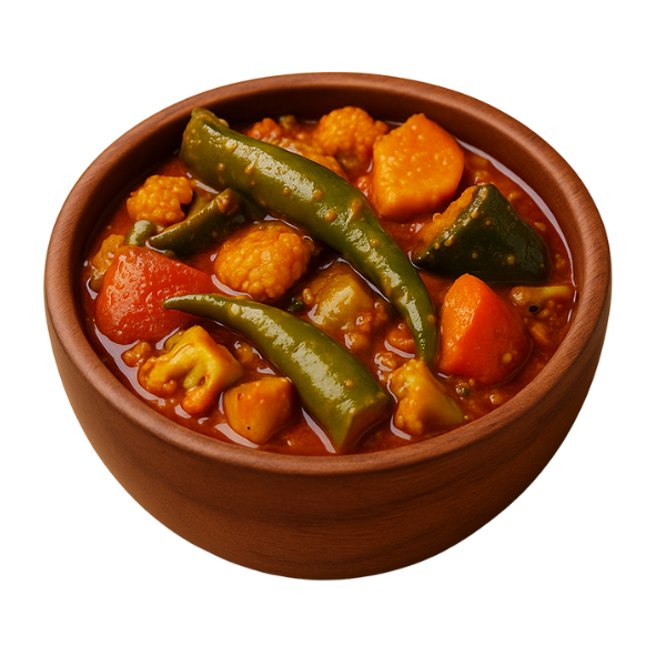 Mixed Vegetable Pickle in A Red Wooden Bowl with White Background