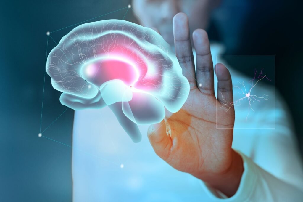 Digital visualization of human brain with highlighted neural activity.